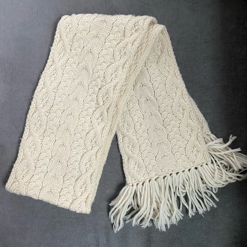 Lands End Ivory Cable Knit Unisex Wool Blend Scarf